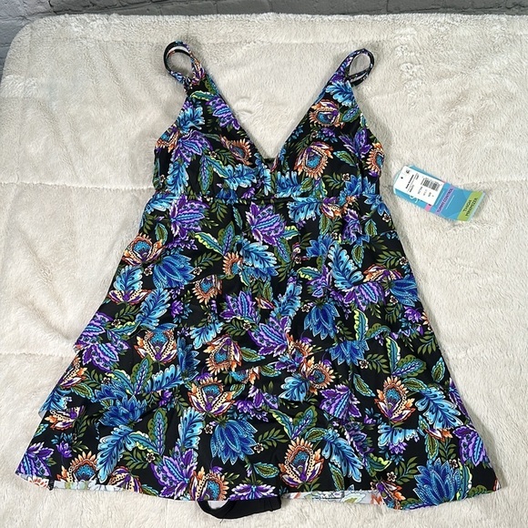 Swim Solutions Boho Paisley Multicolored V-Neck Ruffle one piece Swim Dress sz 8 - Picture 2 of 16
